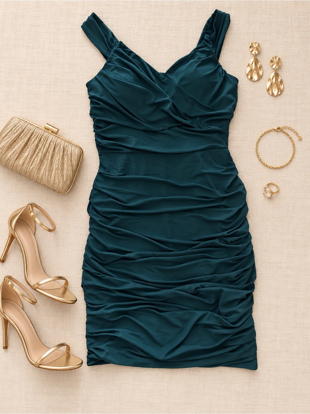 Express Emerald Green Ruched V-Neck Midi Dress